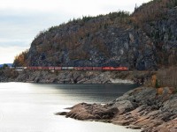 CP Red Barns 9002 and 9008, with train 222, approach Mink Tunnel at mile 73 on the CP's Heron Bay Sub October 11, 2010.