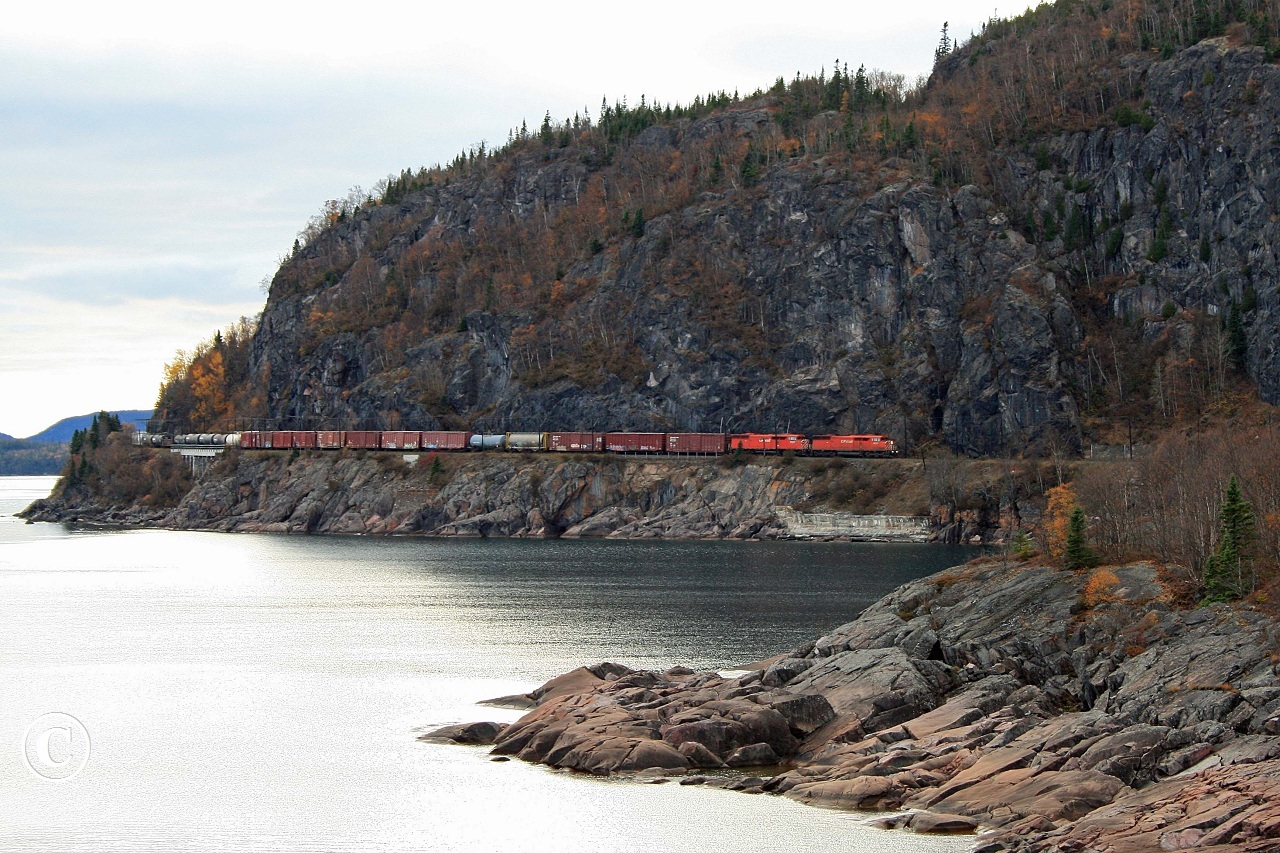 CP Red Barns 9002 and 9008, with train 222, approach Mink Tunnel at mile 73 on the CP's Heron Bay Sub October 11, 2010.