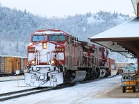 With a crew change complete, CP 9665 and 8548 get underway with train 113 for the trip to Thunder Bay over the CP's Nipigon Sub.