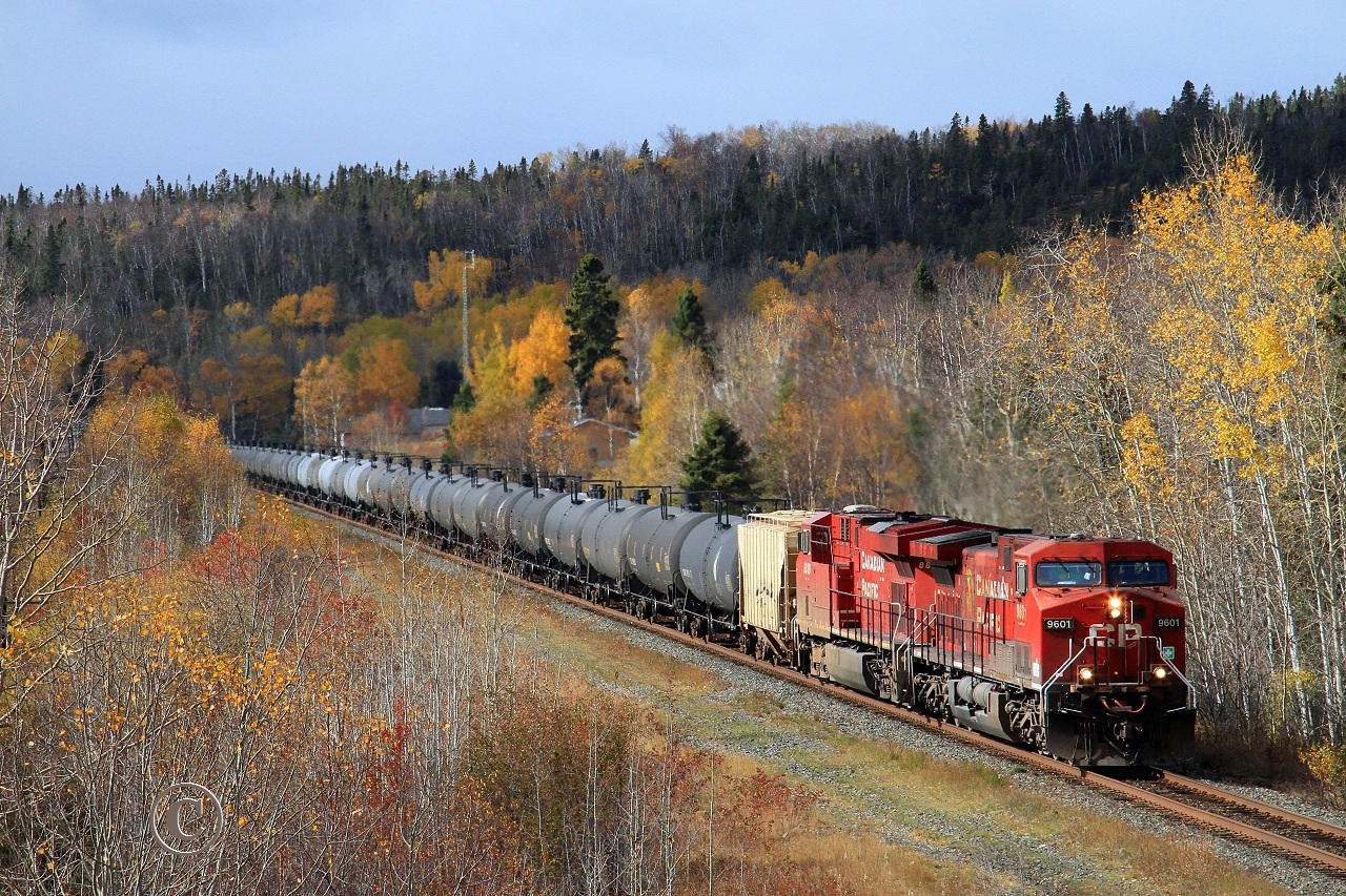 CP 9601 and 8839 lead crude oil train 608 eastward at Rossport Ontario October 11, 2012.