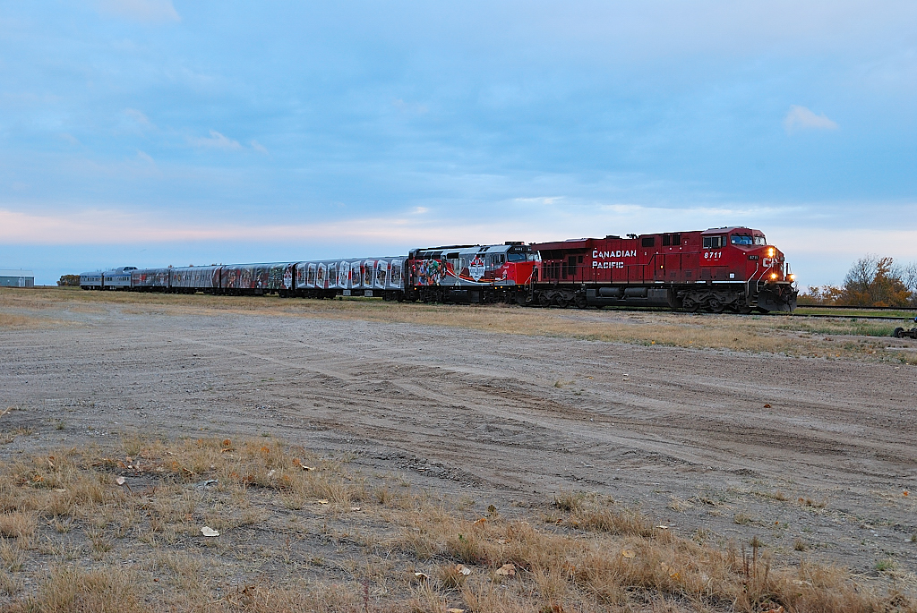 After organising an unscheduled stop for the residents of Wynyard to view the train and the Grey Cup, the train spent the night in Wynyard and is seen here preparing to depart for Yorkton, SK the next morning