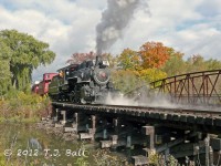 Waterloo Central Railway's first excursion of the morning crosses Silver Lake as they head north to St. Jacobs.