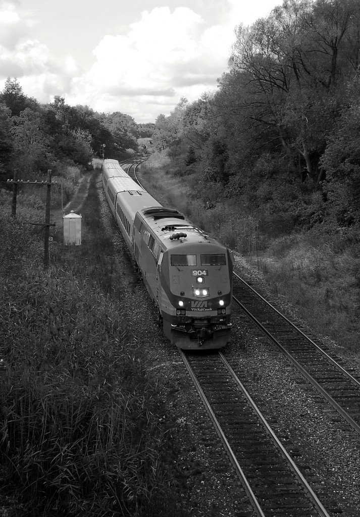 Via 904 leads train 72 down grade into Copetown Ontario on a warm fall afternoon.