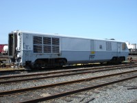 This former VIA Rail Bombardier LRC (Light, Rapid, Comfortable) locomotive now sits paintless, numberless, and powerless at the Diesel Equipment Services facility in Sudbury, ON.  Once a mainstay of VIA's Windsor-Quebec City corridor routes, these LRC locomotives have all been retired.