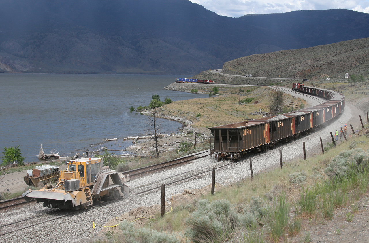 Railpictures.ca Rob Eull Photo Rain falls over Kamloops Lake as Work