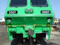 This head on shot clearly shows the narrow gauge wheel set that was installed as part of the modifications on this ex-VIA Rail LRC locomotive. Destined for South Africa at one time, this locomotive never left the yard, or the Nickel City to my knowledge.