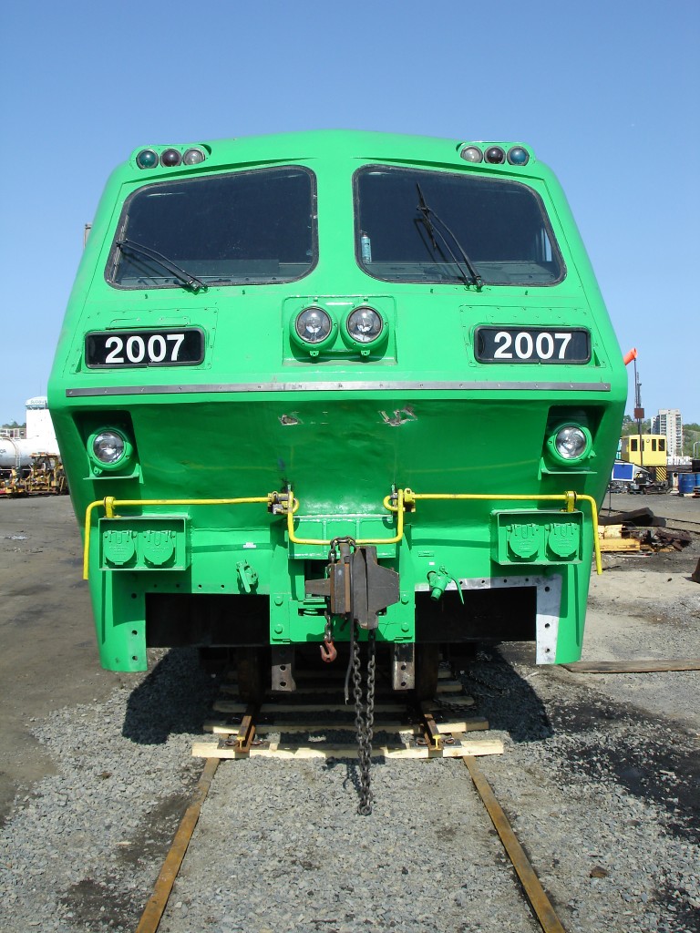 This head on shot clearly shows the narrow gauge wheel set that was installed as part of the modifications on this ex-VIA Rail LRC locomotive. Destined for South Africa at one time, this locomotive never left the yard, or the Nickel City to my knowledge.