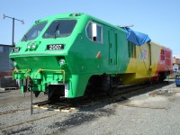 This ex-VIA Rail LRC locomotive has undergone major modifications at the Diesel Electric Service shop in Sudbury, ON. Originally destined for Nouvelle Esperance in South Africa, the project never left Nickel Town. Note the narrow gauge trucks.  Diesel Electric Service shares the former CP car shop in Sudbury with fellow railroaders Huron Central Railway and Canadian Pacific Work Equipment.