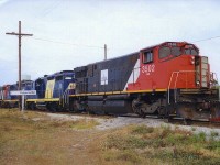 Back in the day...RaiLink (now Rail America) had ex CN M420's.  Here we see RLK 3205 leading three other RaiLink units through Hagersville Ontario.  Picture added with permission of the photographer.