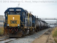 CSX Yard job, Y120 has returned from CN with the daily transfer and is backing down the main to the yard. Note the 'strobe' light on the trailing unit (which are not used)