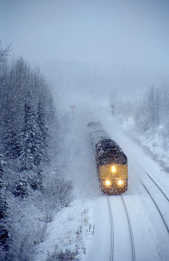 Eastbound train #2 The Canadian rolls through a mid October snow storm