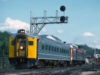 Westbound Budd cars leaving Franz Station on a pleasant summer afternoon.