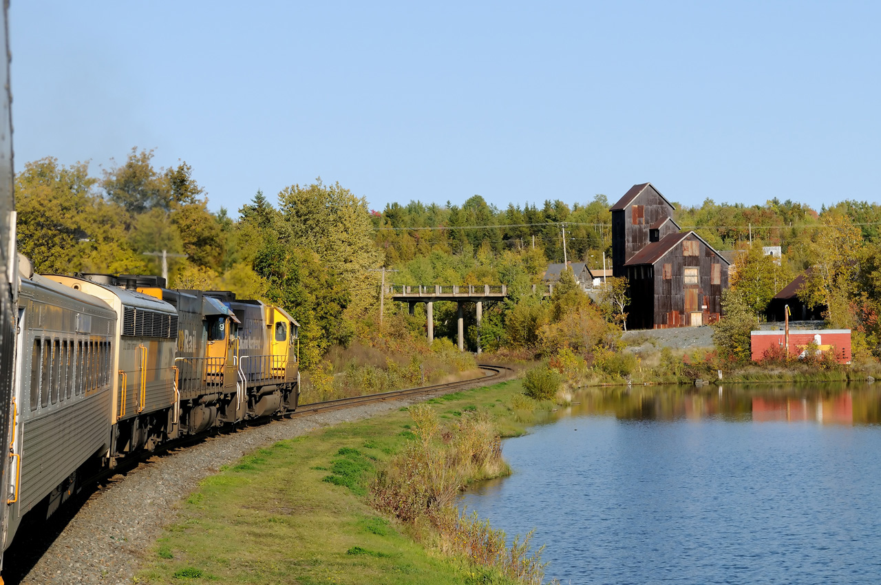 Northbound to Cochrane through the silver town of Cobalt, passing the 'Right of Way Mine' headframe.