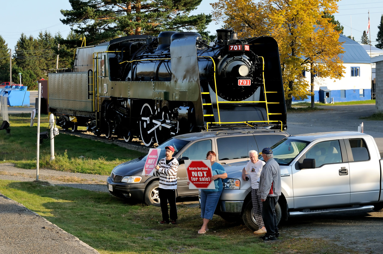 Residents of Englehart, Ontario come out to the station to show their support as the second last northbound Northlander pauses to detrain and board passengers.
