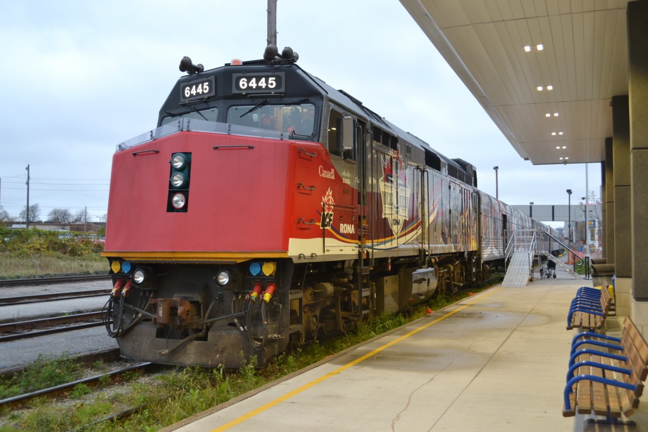 VIA 6445 leads the CFL 100th Annversary train, under the Over hang at the new Windsor Station, in Windsor, Ontario