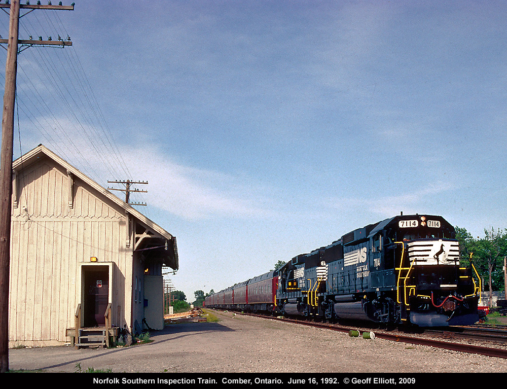 Back in 1992 the NS did some Business Train inspections to see first hand the operations and routes that NS trains ran.  The hope had been that this train would bring additional NS trains to southern Ontario, but alas that was not the case.  Here a relatively new pair of NS GP59's lead NS's inspection train west on the Canada Southern at Comber, Ontario.