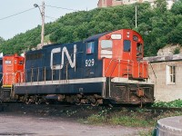 A special place – The Rock. August 2, 1982. Corner Brook, Newfoundland. Idling beside the turntable, Terra Transport NF 210 #929 (in CN paint) and #916 await next assignment. Today 916 and 929 are in Chili. Kodachrome by S. Danko. 