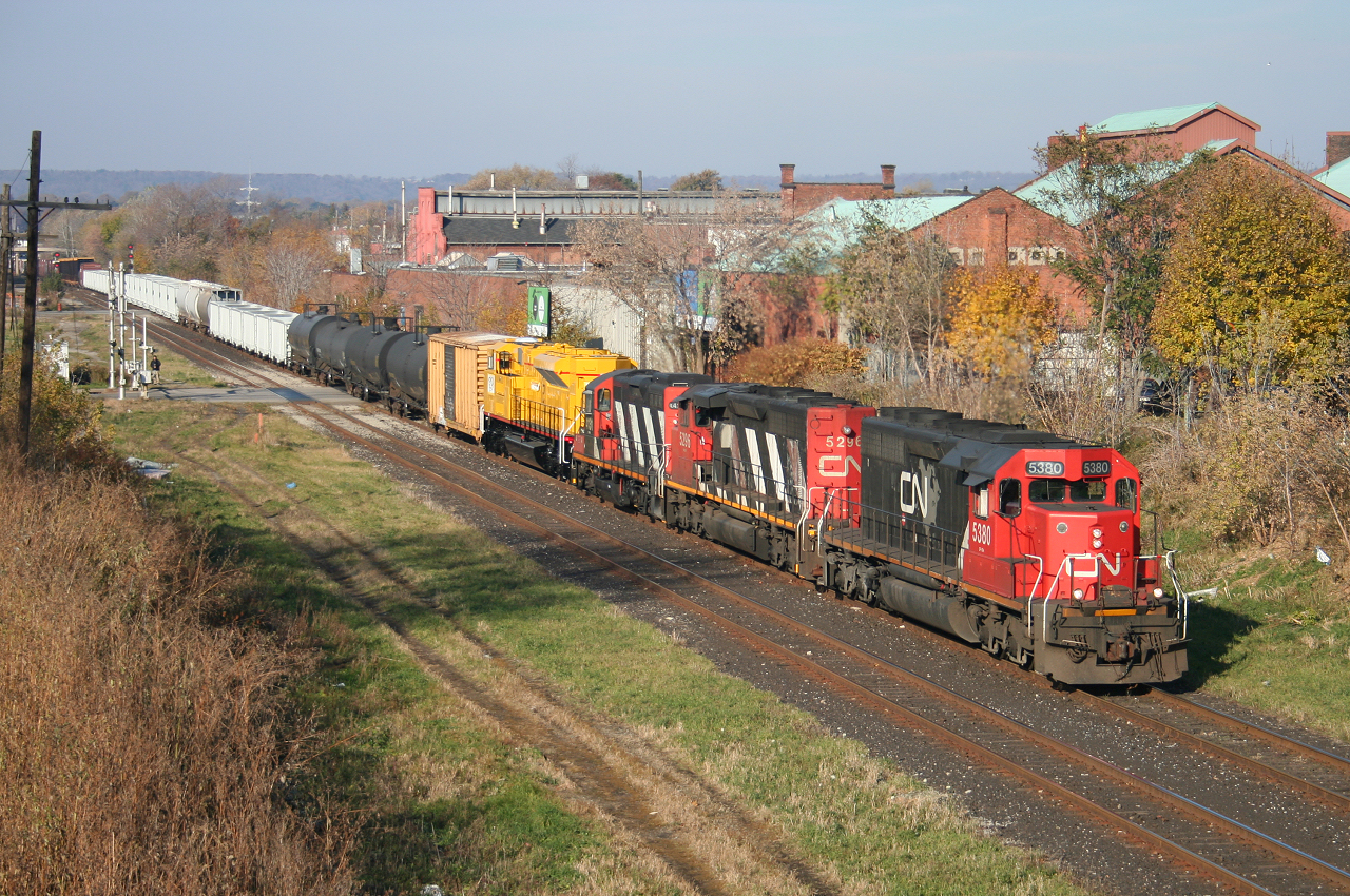 CN 421 slowly departs Hamilton with CN 5380, CN 5296, CN 4131 and EMDX 2004 providing the power