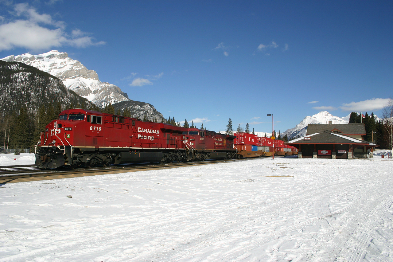 Due to a derailment near Golden, the CPR Transcon was shut down for several days, here we find CP 101 tied down at Banff on a beautiful March afternoon in the Rockies.