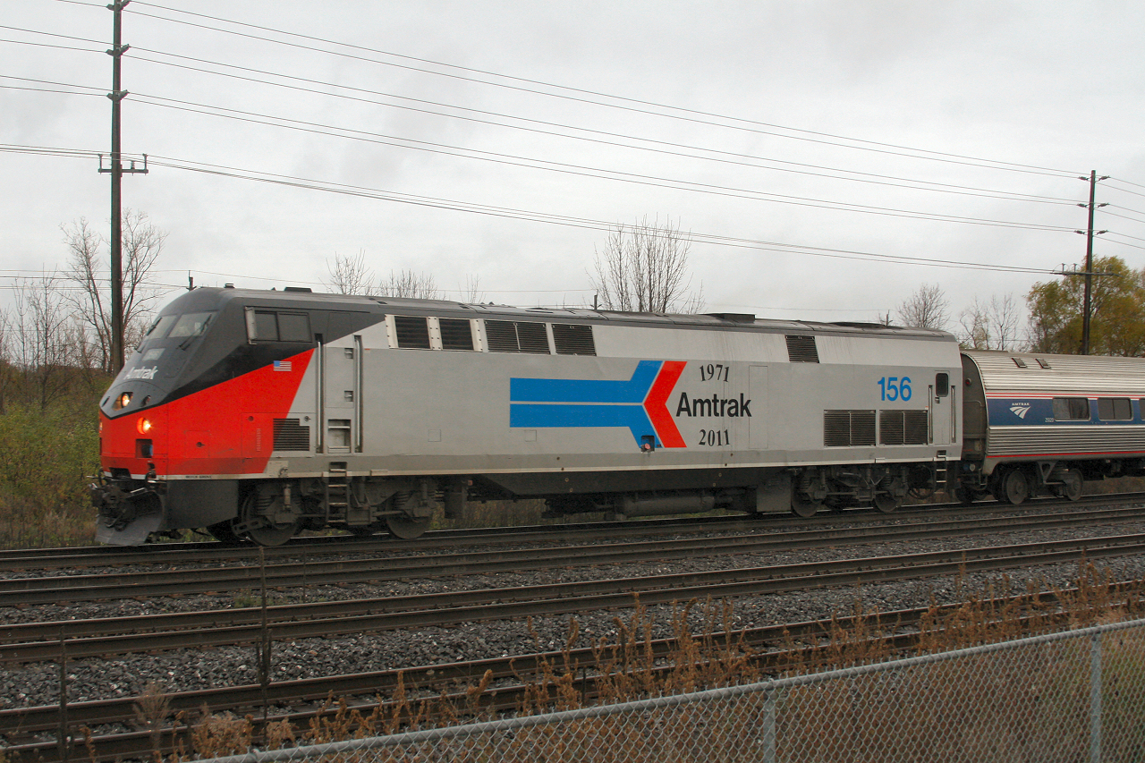 A close up look at Amtrak 156 in the Phase I heritage scheme on VIA 97.