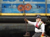The Brakeman is on duty at the switchstand on the former Blenheim (#1) Subdivision - The switch hardware dates back many decades. Notice the ancient switchstand head, and the much newer CTC equipment at left on the ground (CTC having been shut off around 1990). Photo taken at W. G. Thompsons imposing Blenheim elevators which still see railway service by way of CN in 2012.