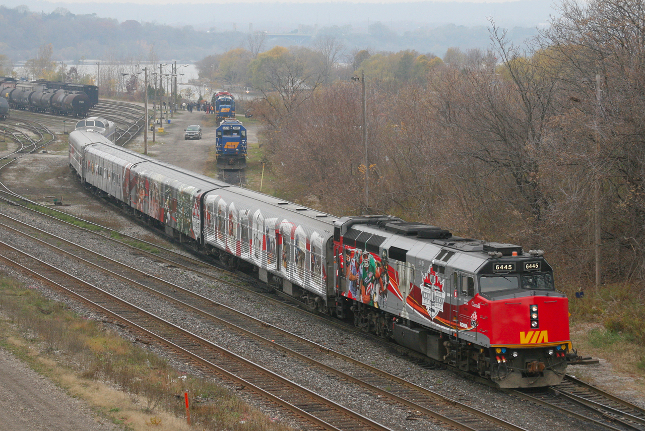 VIA Rail's 100th Anniversary Grey Cup train backs through the yard to where it will be on display Saturday November 10th