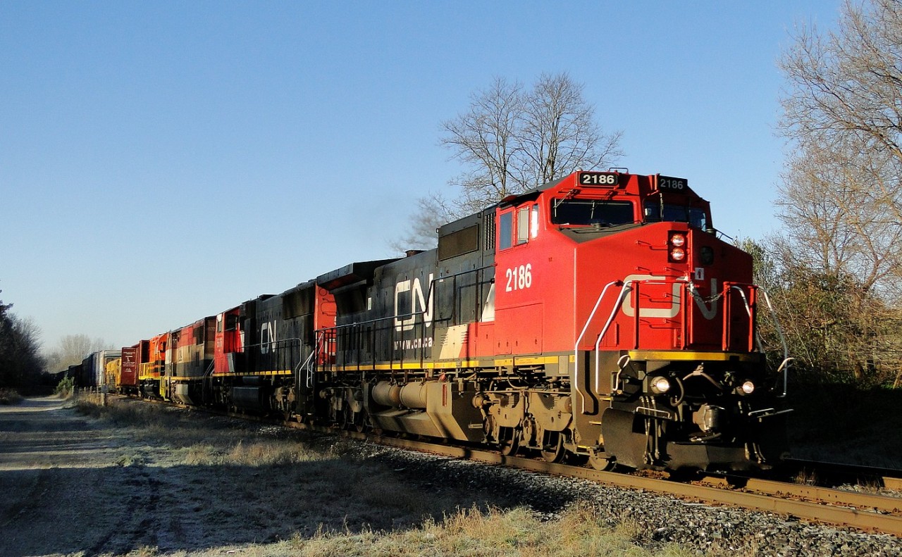 CN 2186 leads CN 5676 BCOL 4602 and QGRY 3347 through Beachville Ontario. A LORAM grinder is also just behind the units.