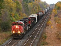 330 heads down the grade into Brantford behind CN 2506 - CN 2673