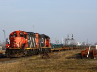 CN 584 starts down the CN Talbot Spur en route to St. Thomas with frame cars for Formet.