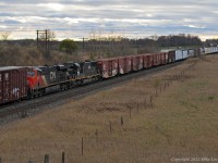 CN train 369 has been getting DPU's recently, which has not been typical in these parts, so the sight of a 2 + 2 set up on it was a bit of a surprise. Typically 2 + 2 is more of a grain train set up, however maybe the 163 cars of this train warranted it. Power was CN 8811, 8814 up front and IC1038 and CN 2291 105 cars deep. 1641hrs.