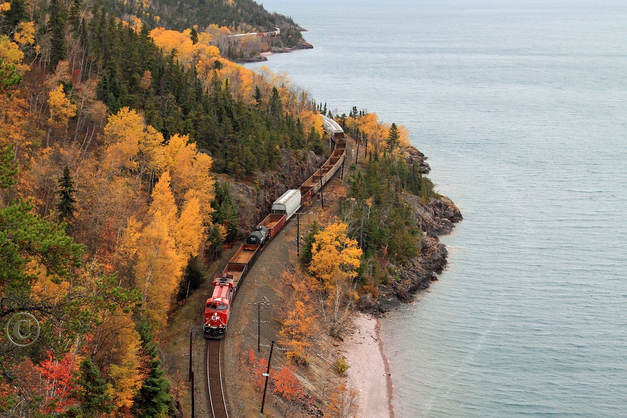 CP 9363 eases through the curves at mile 27 on the CP's Nipigon Sub with Toronto to Thunder Bay train 421.
