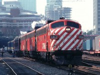 CP Rail FP9 1413 on the point of VIA’s #2, the eastbound "Canadian", as it gets ready to depart Vancouver, BC on September 19, 1979.