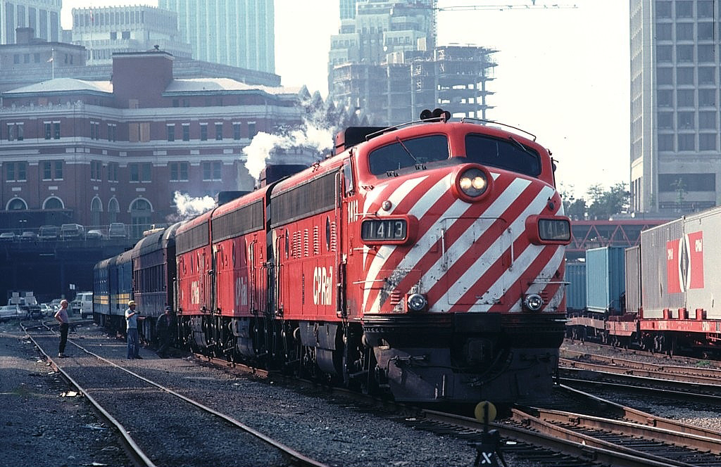 CP Rail FP9 1413 on the point of VIA’s #2, the eastbound "Canadian", as it gets ready to depart Vancouver, BC on September 19, 1979.