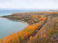 CP 9601 and 8839 lead Regina to Albany crude oil train 608 across the flatlands of Lake Superior's Kama Bay at mile 45.9 on the CP's Nipigon Sub October 11, 2012.