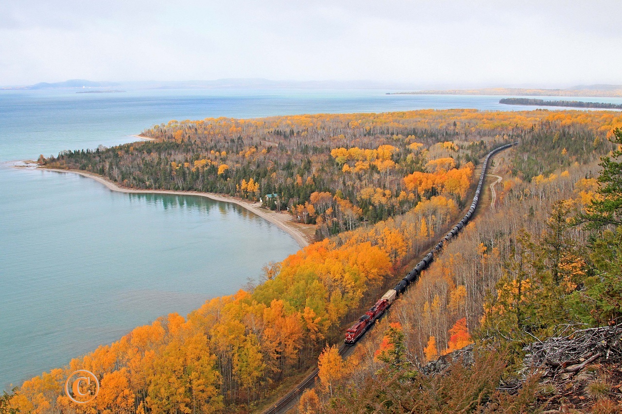 CP 9601 and 8839 lead Regina to Albany crude oil train 608 across the flatlands of Lake Superior's Kama Bay at mile 45.9 on the CP's Nipigon Sub October 11, 2012.