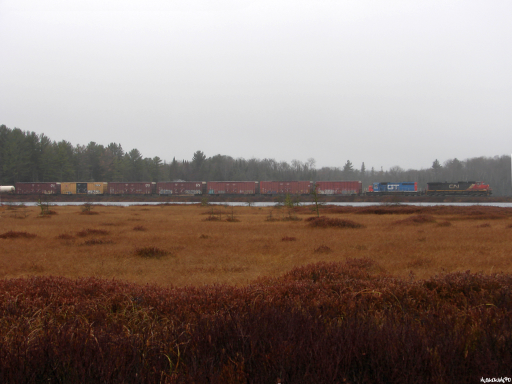 CN A45131 01 - CN 2601 North approaching Martins on a cold, wet Thursday morning in Muskoka.