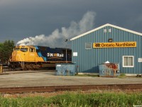 Ontario Northland SD75i #2102 is tied down at the shops in Englehart shortly after sunrise before turning around on 213 later this morning. 