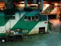 GO 553 is in shop for a 90-day inspection, and GO 537 is fresh out of the wash bay on the other side and tied down with a 10 car set prepped to head out for the evening commuter rush later this afternoon. This was taken during the last stand for the F59PH's during the spring of 2009 as the MP40's start going into service in bigger numbers.