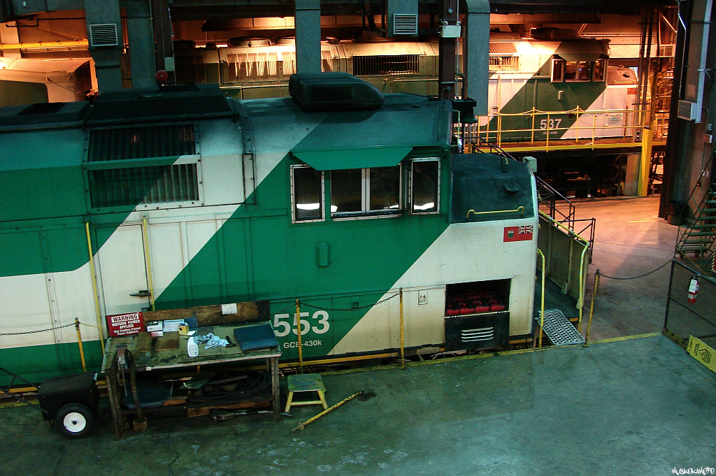 GO 553 is in shop for a 90-day inspection, and GO 537 is fresh out of the wash bay on the other side and tied down with a 10 car set prepped to head out for the evening commuter rush later this afternoon. This was taken during the last stand for the F59PH's during the spring of 2009 as the MP40's start going into service in bigger numbers.