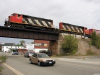 CN 598 - CN 9454 South (East) starting onto the big trestle crossing Beatty street in downtown Sudbury. 