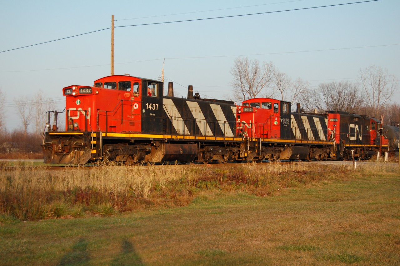 The CN Terra Industrial train has been getting quite an unusual set of power as of late in the form of two GMD1's/GP9RM, today is 1437, 1412 and 7029.