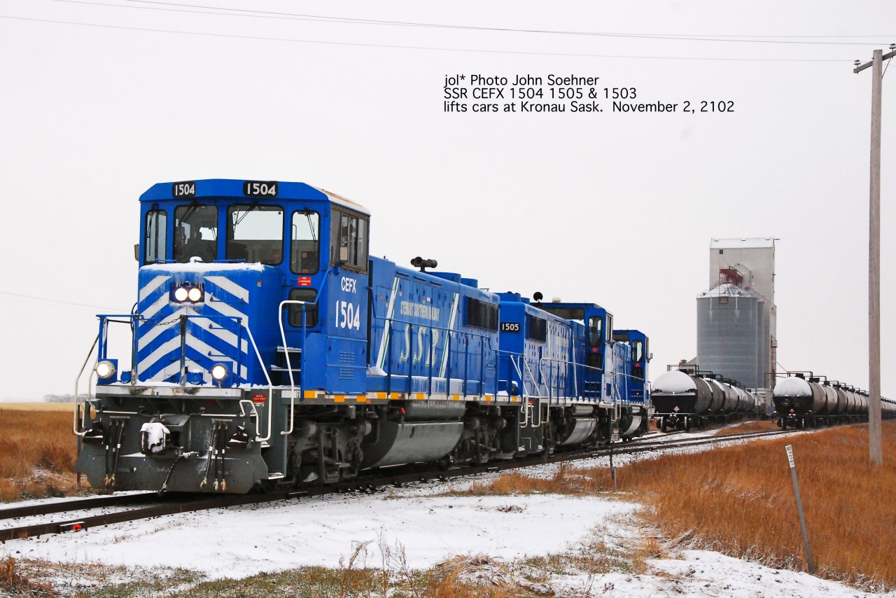 GETX 1504 1505 & 1503 leased by SSR about to lift tankcar loads of Bakken crude from Kronau siding and eventually take 88 loads and buffer car to Richardson siding where SSR transfers the train to  CP power, and will move the train to Regina.  The train will then probably be fitted with  CP AC4400 power for the trip east.