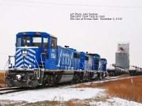 GETX 1504 1505 & 1503 leased by SSR about to lift tankcar loads of Bakken crude from Kronau siding and eventually take 88 loads and buffer car to Richardson siding where SSR transfers the train to  CP power, and will move the train to Regina.  The train will then probably be fitted with  CP AC4400 power for the trip east.