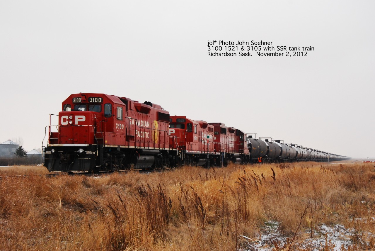 CP 3100 1521 & 3105 take 88 tankcar loads of oil from SSR Richardson siding back to Regina.  88 carloads of oil collected by SSR from Stoughton to Kronau then transferred to CP for shipment probably to the east coast.
