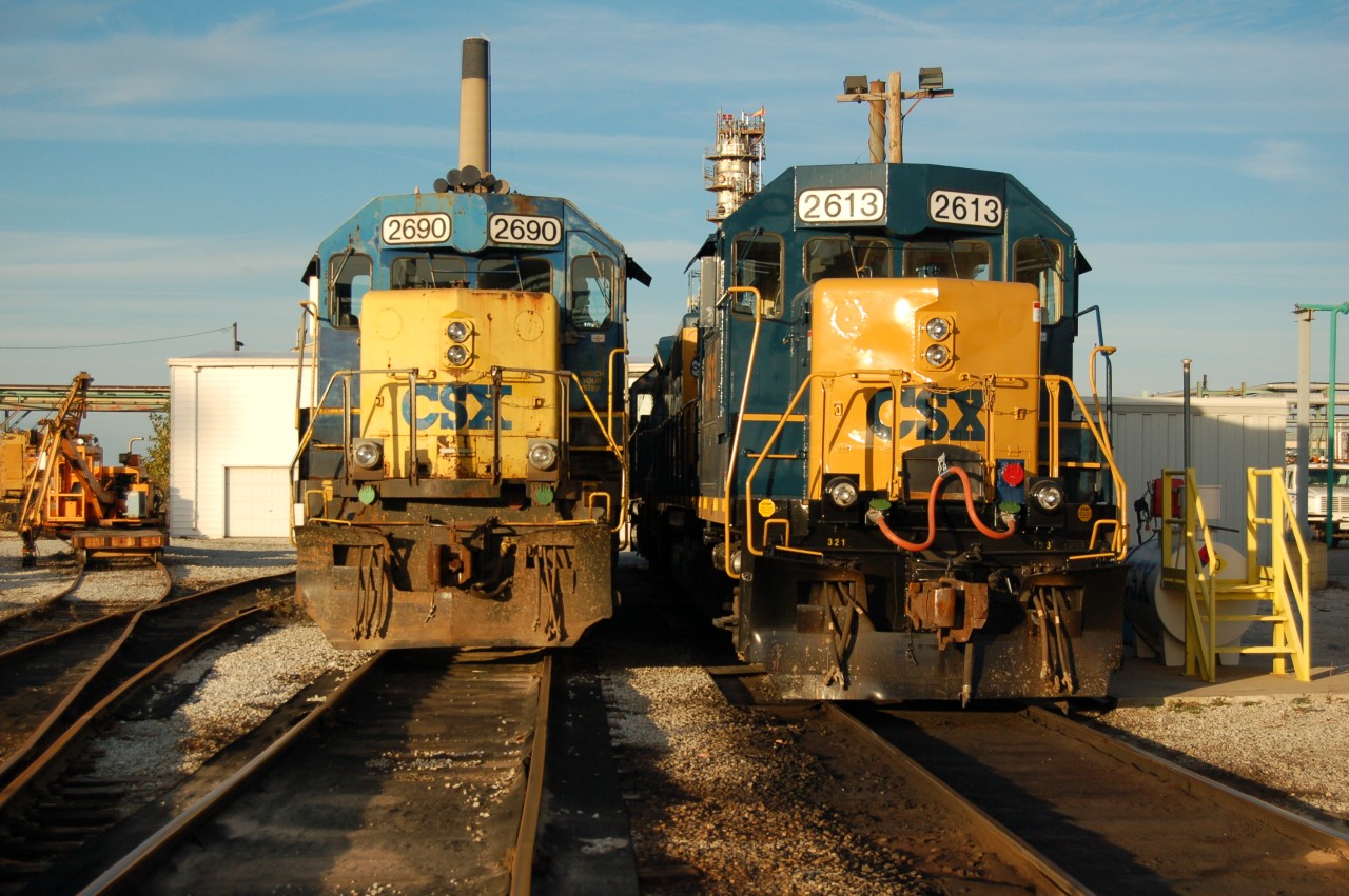 Fresh from a visit to the paint booth canadian district CSX GP38-2 2613 rests among fleet mates including 2690 at Sarnia.