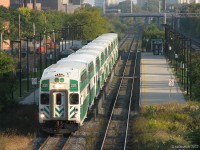 With the last Georgetown train of the evening, GO cab car 205 leads train #211 (the 5:45 out of Union, with relatively new GO MP40 604 pushing) northbound out of Bloor GO Station after just picking up what few passengers frequent that stop. After leaving downtown Toronto, the train passes through the community of Parkdale before arriving here, in "The Junction" (West Toronto). On through Mount Dennis, Weston, Etobicoke, Malton (Mississauga), Bramalea, and Brampton before finally arriving at the commuter compound in Georgetown about an hour later.