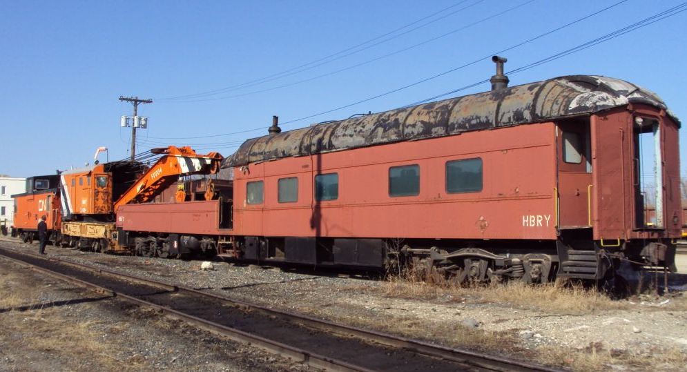 The HBRY wreck train is a classic consist made up of equipment directly handed down from the ex-CN Thunder Bay, ON auxilliary. Coach/boom idler HBRY 58116 is looking pretty tired and her back is starting to 'sway'. It won't be long before she 'meets her maker'.
