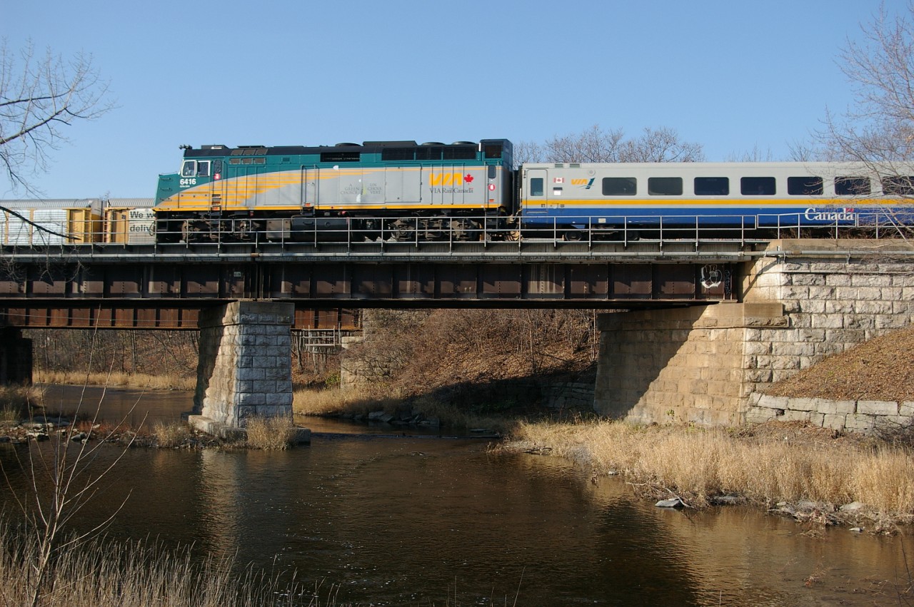 VIA 6416 pulling train #61 over bridge between Ile Claude and Ile Perrot.