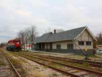 Caledonia Ontario is a town that was once served by the Grand Trunk Western Railway, then CN and now the SOR.  The station is was built in 1908 and was fully renovated by volunteers in 1996 and 1997.  Today it is partially a museum and it is also home to the Caledonia Chamber of Commerce.  Here we see RLK 4057 passing the station and heading down the wye in the direction of Hagersville Ontario.