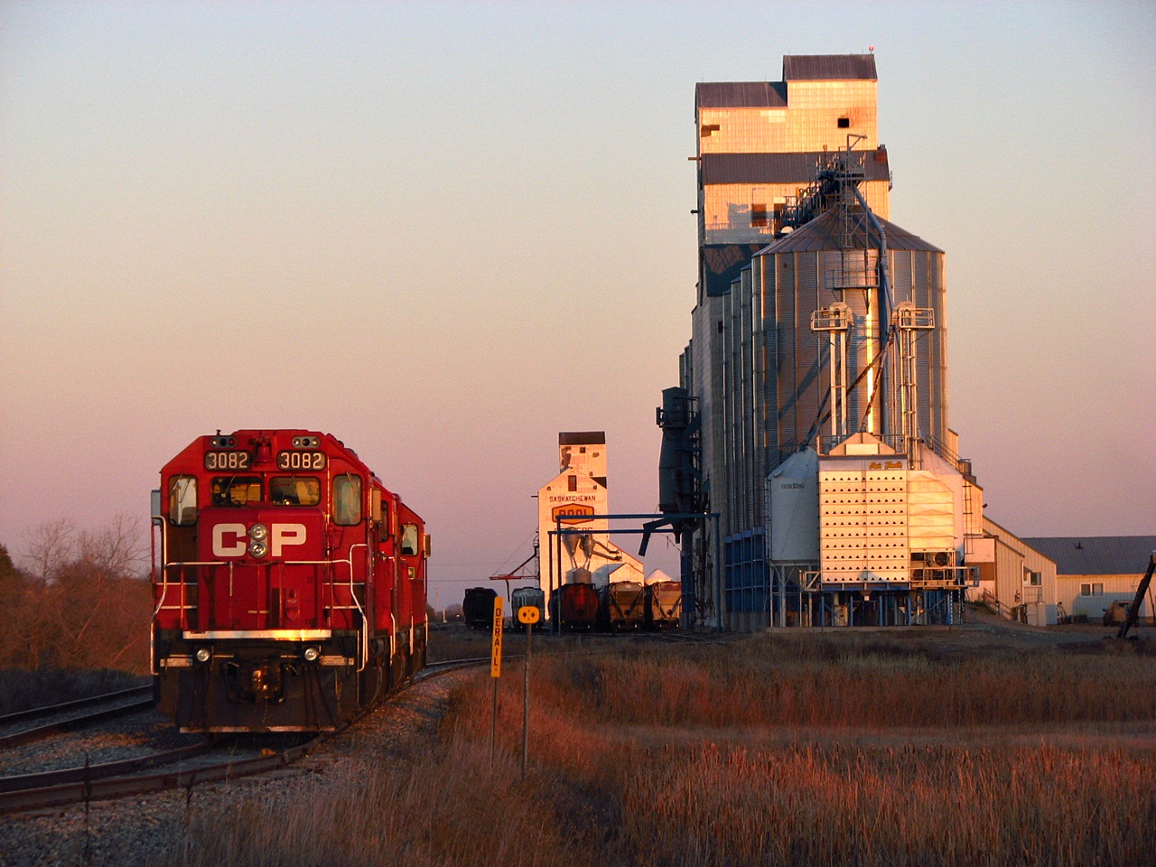 CP GP38-2's 3082 and two others sit at Redvers waiting for a crew and cars to be loaded before going back to Brandon during the last light of a fall day in Southeast Saskatchewan.